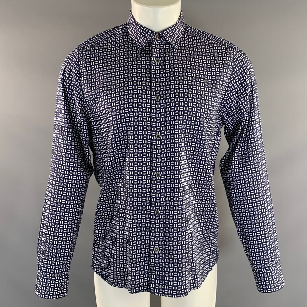 TED BAKER Size L Navy White Geometric Cotton Button Up Long Sleeve Shirt